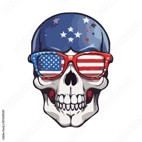 A skeleton shines in American flag colors, perfect for 4th of July, Christmas, and Halloween t-shirt designs with a dash of USA pride and festive cheer. 
