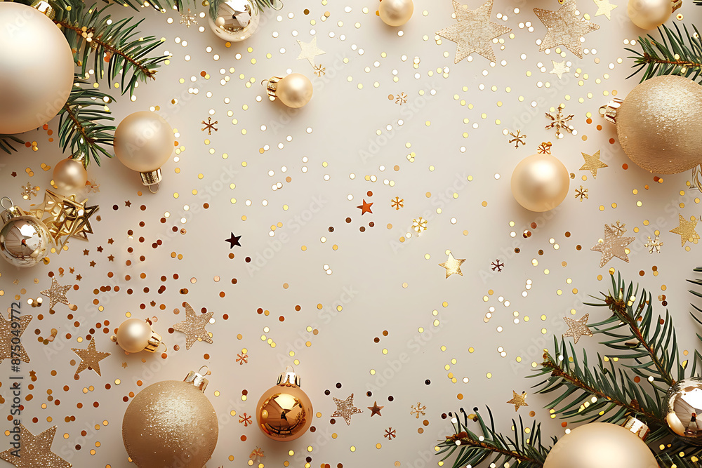 Christmas background with fir branch and sphere toys with copy space text, festive greeting new year card
Christmas background with fir branch and sphere toys with copy space text, festive greeting new year card