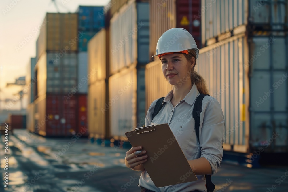 Female Engineer with Clipboard at a Container Terminal Female Engineer with Clipboard at a Container Terminal