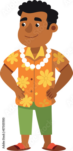 Animated Man in Hawaiian Shirt with Lei Looking Cheerful