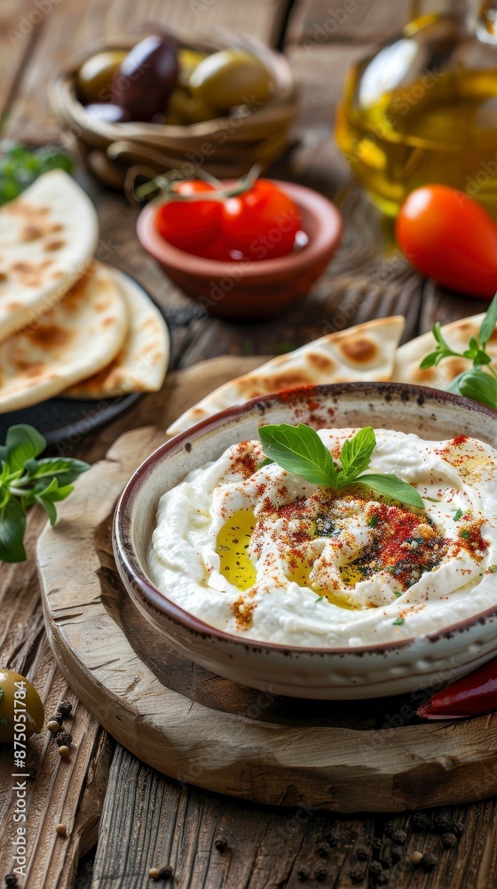 Labneh dip with olive oil, spices, and basil Labneh dip with olive oil, spices, and basil
