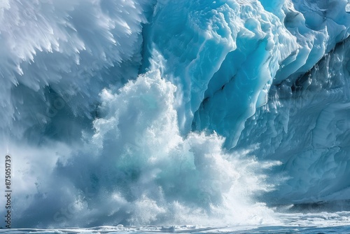 Massive calving glacier in the Arctic. Turquoise ice and spouting water.  photo