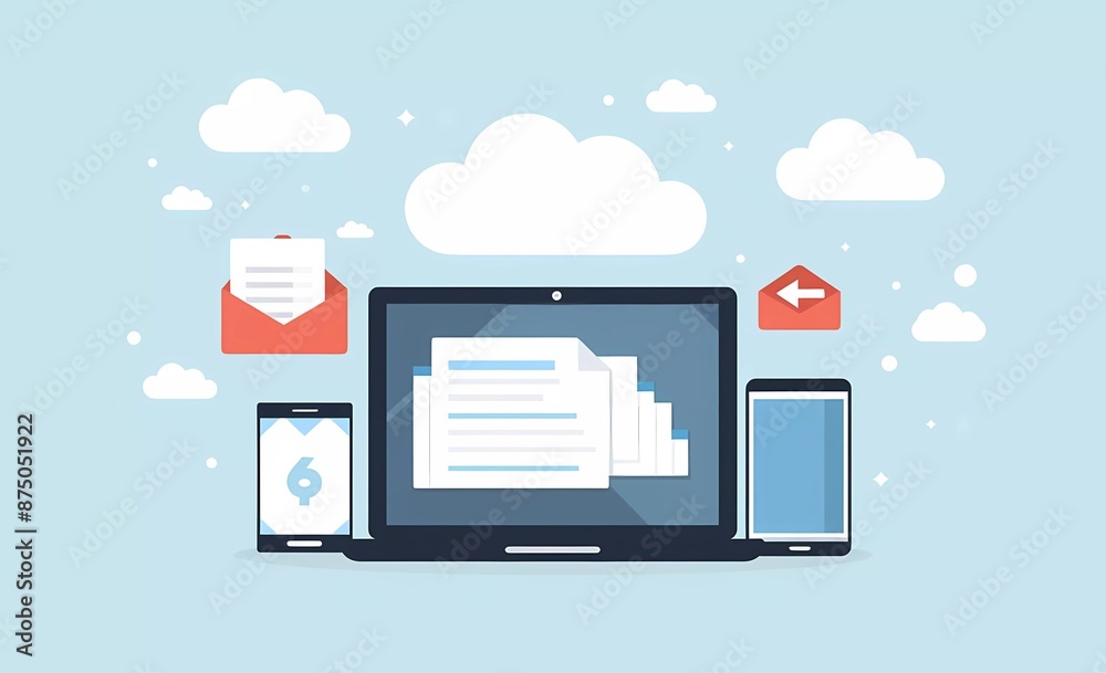 Illustration of cloudy document file sharing between mobile phone and laptop, flat vector design, simple shapes Illustration of cloudy document file sharing between mobile phone and laptop, flat vector design, simple shapes