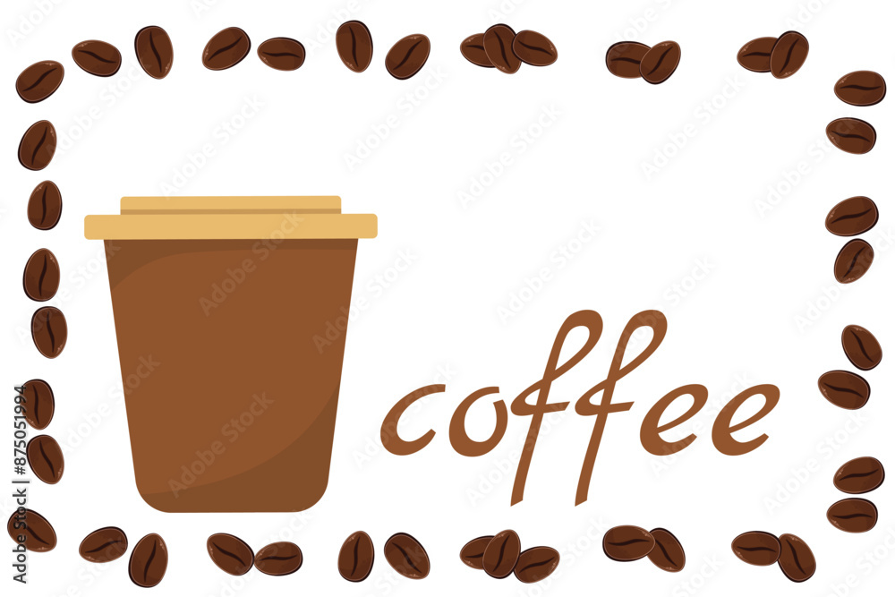Obraz premium Logo Coffee and Cafe concept frame with coffee beans banner. Coffee paper craft cup poster
