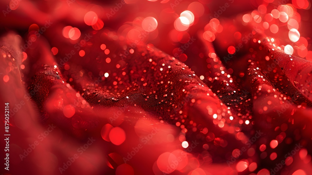 Decorative red glittering sequins on red cloth textile texture fashion background. 