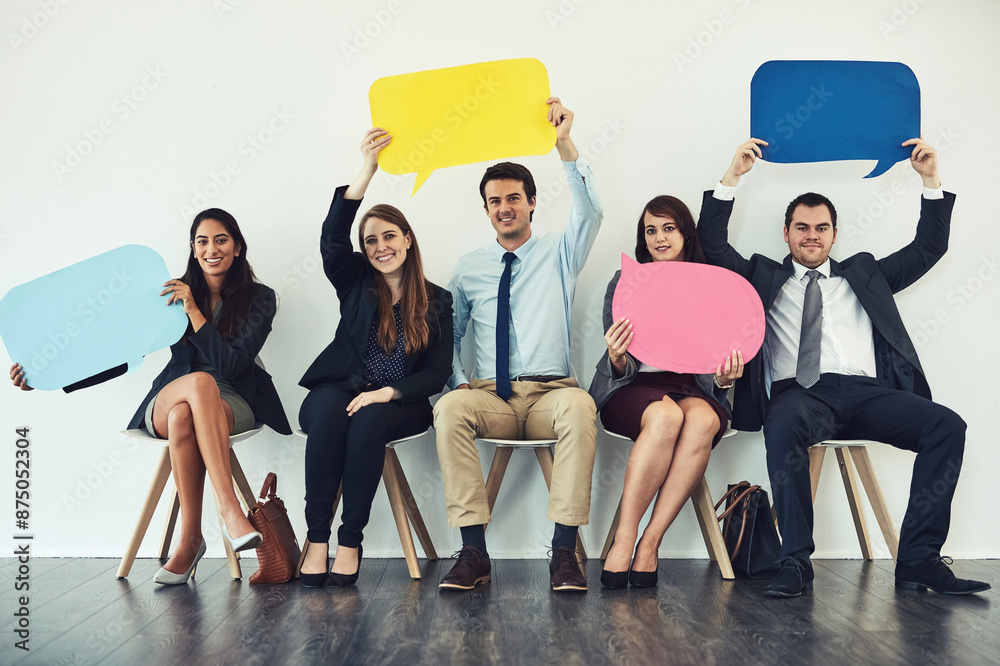 Fototapeta premium Business people, happy and waiting with speech bubble for job, interview and opinion on mockup space. Corporate, communication and portrait as recruitment, hr and voice for employee mental health