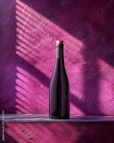 A single bottle of red wine stands on a purple textured surface with sunlight casting stripes of light and shadow.