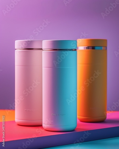 Three modern stainless steel thermoses with colorful lids sit on a colorful gradient background.