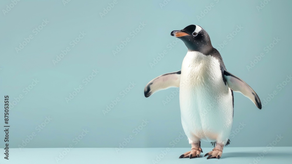 Naklejka premium Penguin walking towards the camera in a studio on a pastel blue background. Modern design of animal poster.