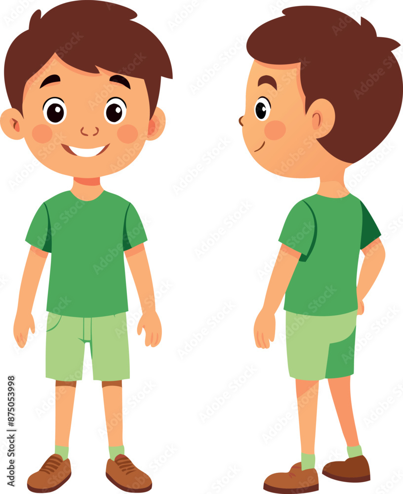 Smiling Cartoon Boy in Green Shirt Standing Front and Side Smiling Cartoon Boy in Green Shirt Standing Front and Side
