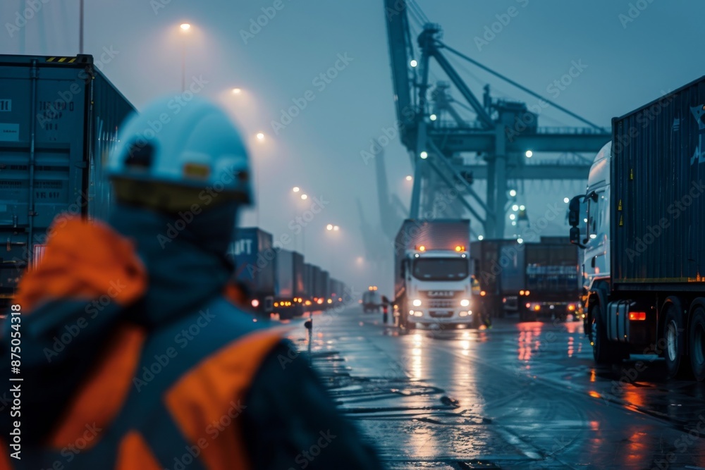 Worker in a Hard Hat Stands at a Busy Shipping Port