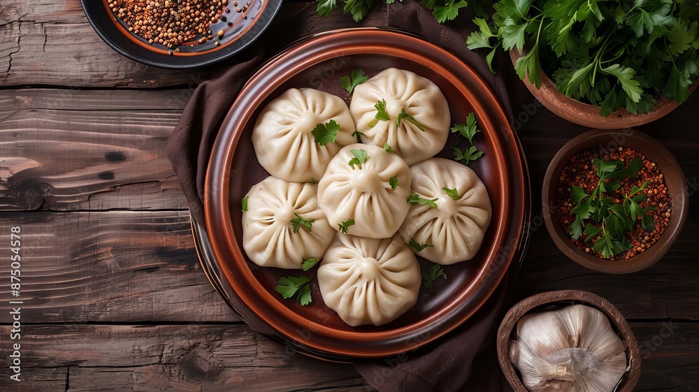 Delicious large Georgian khinkali on a plate. selective focus. Generative AI, Delicious large Georgian khinkali on a plate. selective focus. Generative AI,