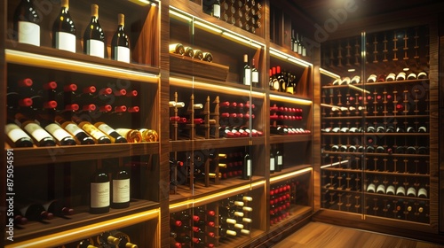 A sophisticated wine cellar with wooden racks, dim lighting, and a glass wall showcasing a collection of rare wines.