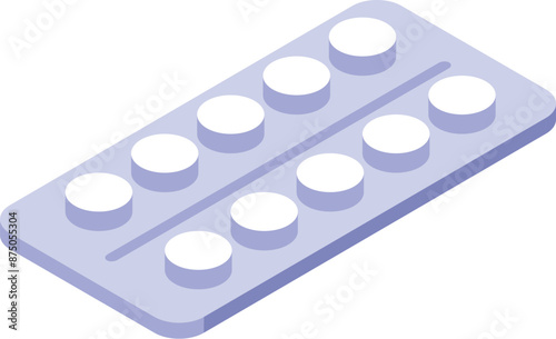 Blister pack containing round white pills is laying flat, an isometric illustration on a plain white background