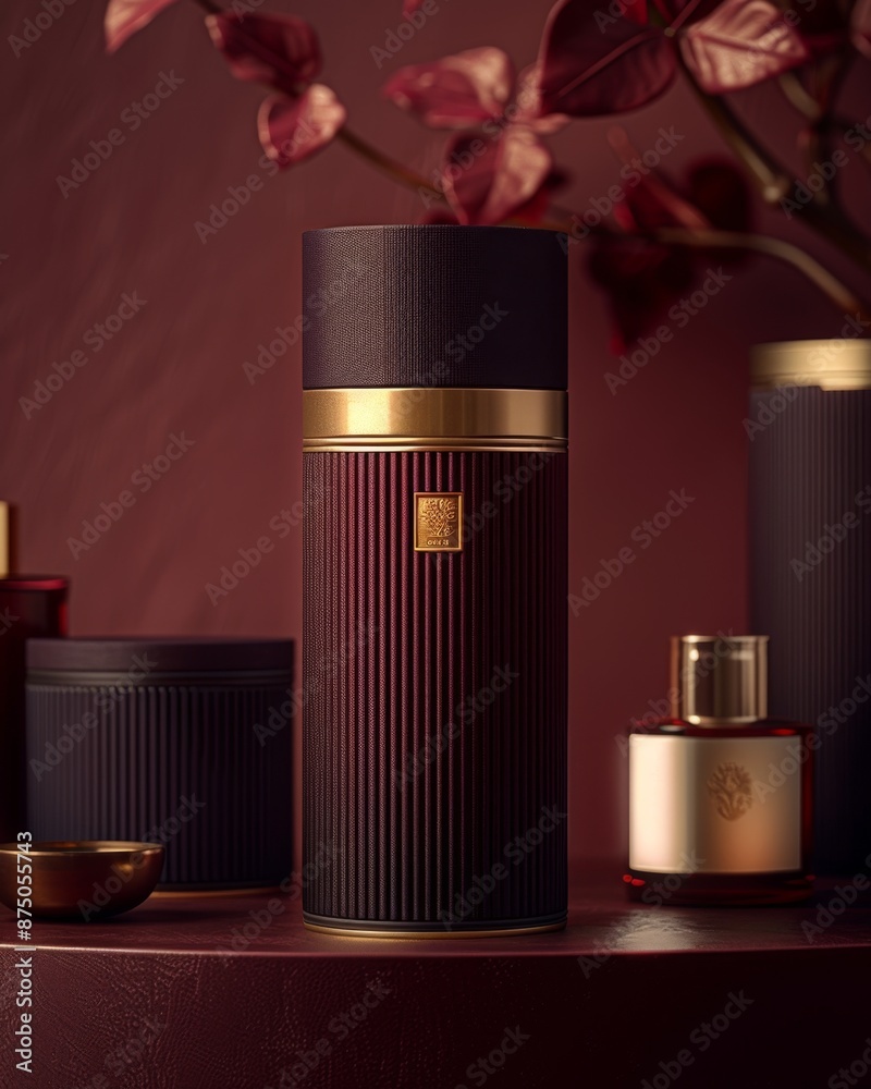 Fototapeta premium A close-up shot of a luxurious, dark red bottle with a gold trim, standing on a maroon surface with blurred foliage behind it.
