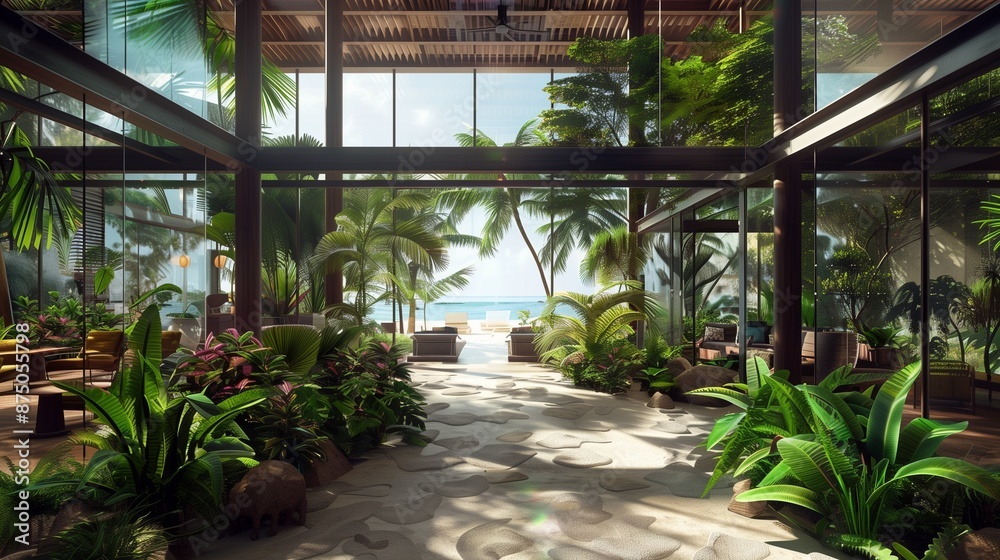 A tropical resort lobby with open-air design, lush plants, and a view of a pristine beach through large glass walls. A tropical resort lobby with open-air design, lush plants, and a view of a pristine beach through large glass walls.