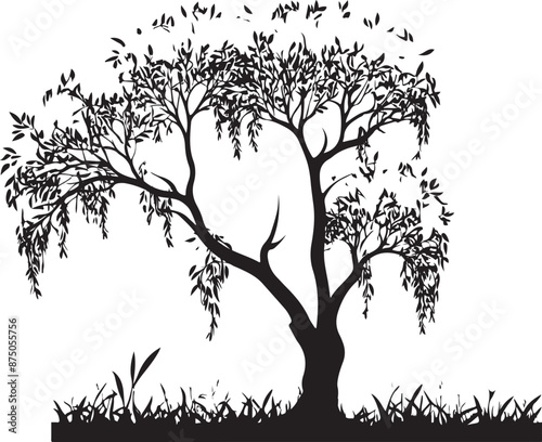 Willow Tree Silhouette Vector Art, vector black color silhouette