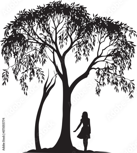 Willow Tree Silhouette Vector Art, vector black color silhouette