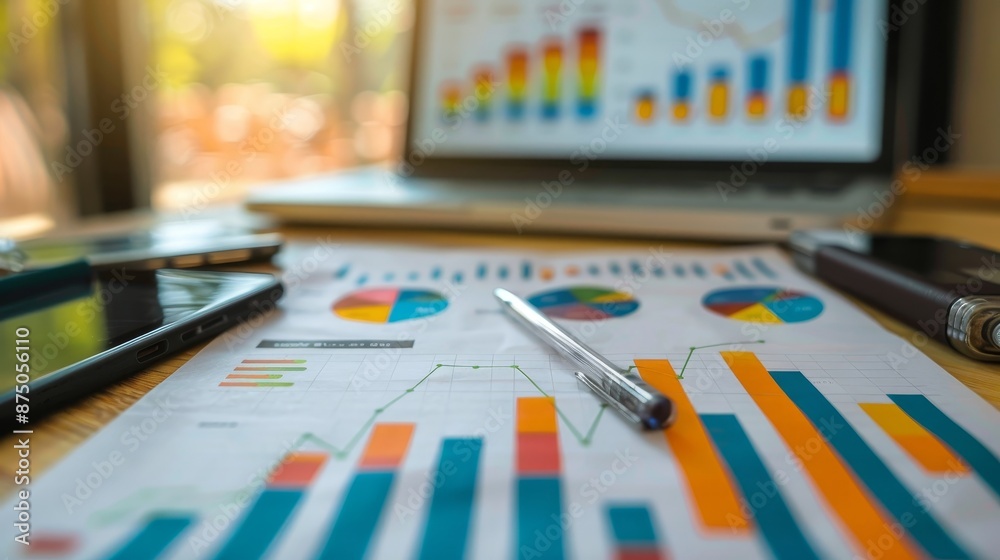 A pen rests on a financial report with graphs and charts, a laptop and smartphones are blurred in the background. A pen rests on a financial report with graphs and charts, a laptop and smartphones are blurred in the background.