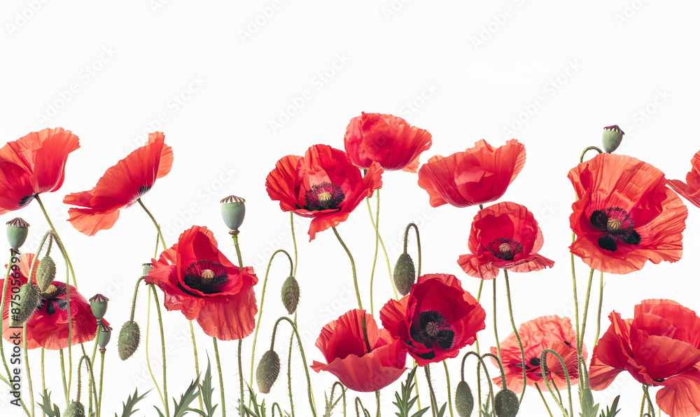 Fototapeta premium Photo of Red poppies on white background, border frame decoration, corner design element for text space in the middle. Black gray flowers, decorative floral border edge isolated on transparent backgro