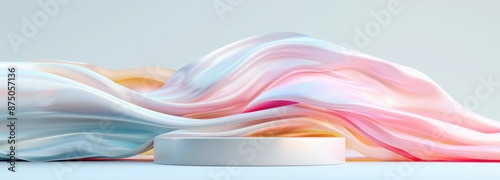 White Pedestal with Colorful Flowing Fabric Waves in Pastel Background