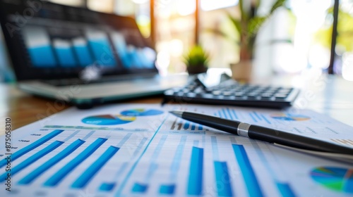 A pen rests on financial documents with a laptop and calculator in the background.  A close-up view of a desk used for data analysis.