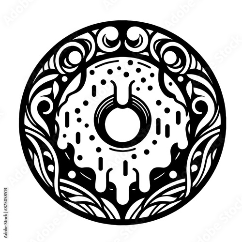 Bagel, donut in decorative emblem ornament, Victorian, art deco, art nouveau, boho, bohemian,  folk, flourish