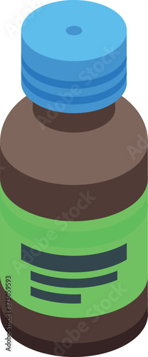 Isometric brown medicine bottle with blue cap and green label for medical treatment