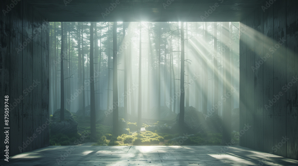 Obraz premium misty morning in the forest, the forest inside white large light empty room, light beams inside the pine forest