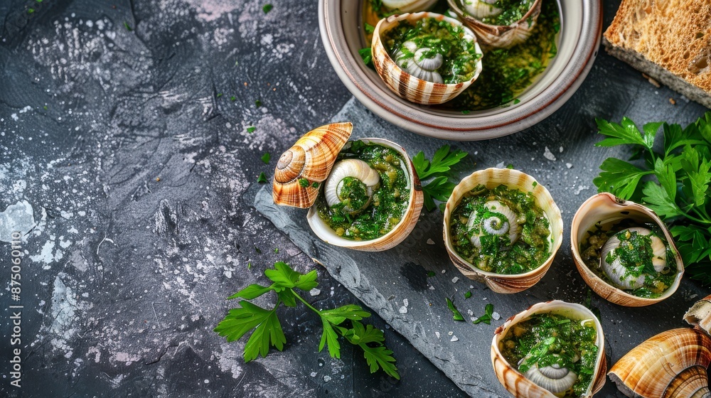 Escargots in shells with herb butter on slate board Escargots in shells with herb butter on slate board