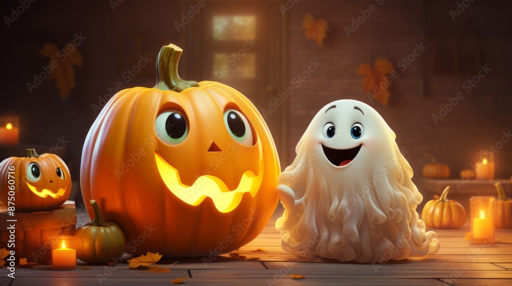 Cute Halloween ghosts with pumpkins. Cute Halloween ghosts with pumpkins.
