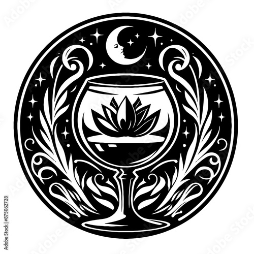Brandy Snifter in decorative emblem ornament, Victorian, art deco, art nouveau, boho, bohemian,  folk, flourish