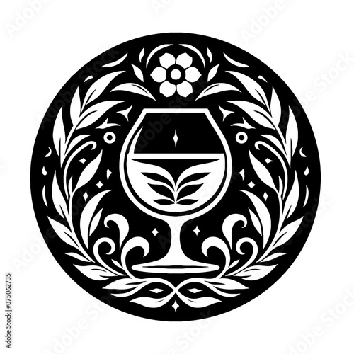 Brandy Snifter in decorative emblem ornament, Victorian, art deco, art nouveau, boho, bohemian,  folk, flourish