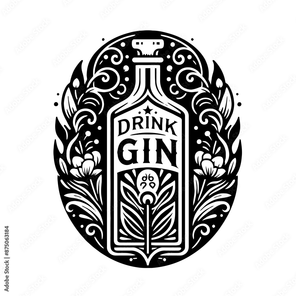 Gin Bottle in decorative emblem ornament, Victorian, art deco, art nouveau, boho, bohemian, folk, flourish Gin Bottle in decorative emblem ornament, Victorian, art deco, art nouveau, boho, bohemian, folk, flourish