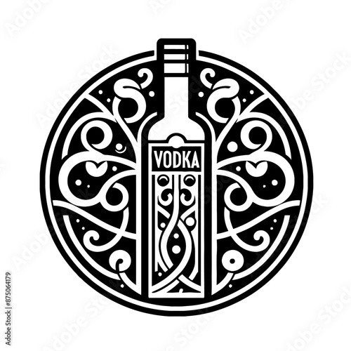 Vodka Bottle in decorative emblem ornament, Victorian, art deco, art nouveau, boho, bohemian,  folk, flourish