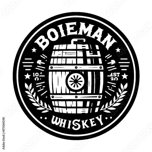 Whiskey Barrel in decorative emblem ornament, Victorian, art deco, art nouveau, boho, bohemian,  folk, flourish