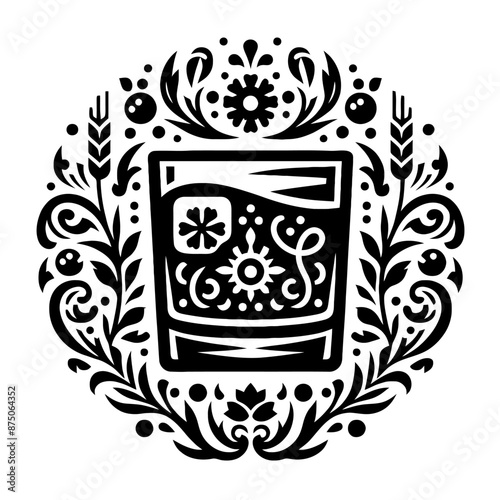 whiskey in decorative emblem ornament, Victorian, art deco, art nouveau, boho, bohemian,  folk, flourish