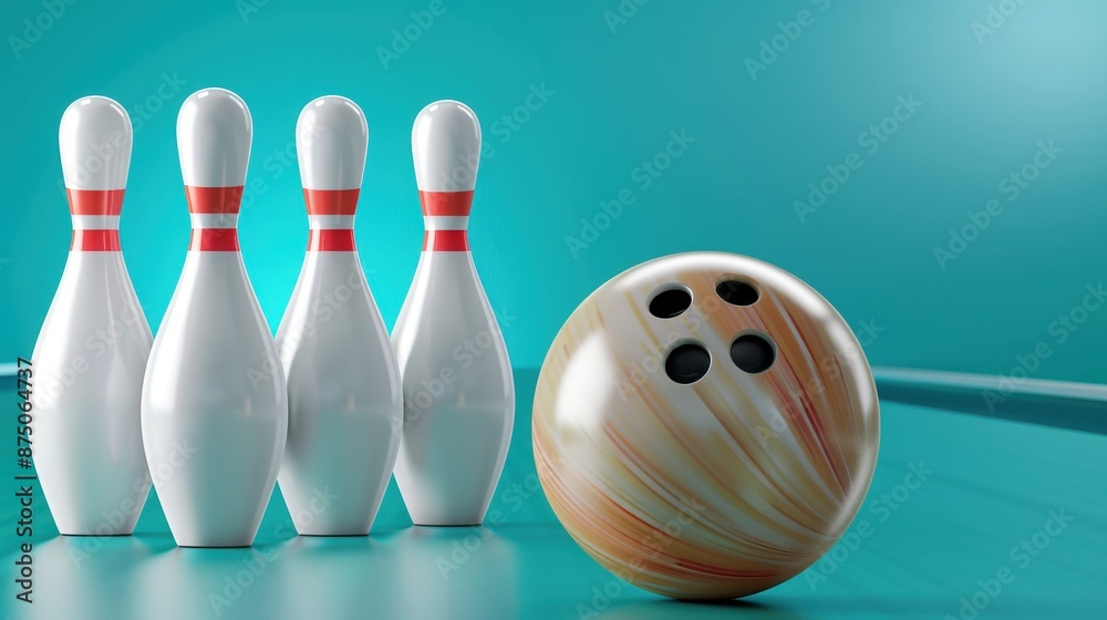 Row of four bowling pins and a bowling ball on a shiny teal lane background. Ideal for sports and leisure-themed contexts. Row of four bowling pins and a bowling ball on a shiny teal lane background. Ideal for sports and leisure-themed contexts.