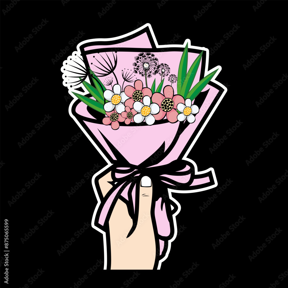cool vector illustration of a hand holding a series of beautiful flowers cool vector illustration of a hand holding a series of beautiful flowers