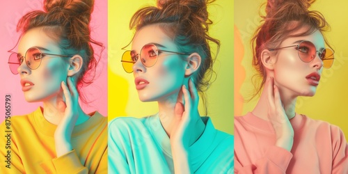 A trendy model posing in a neon-lit setting, highlighting stylish sunglasses and vibrant fashion in a collage.