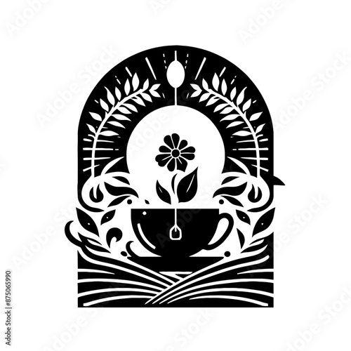 tea in decorative emblem ornament, Victorian, art deco, art nouveau, boho, bohemian,  folk, flourish