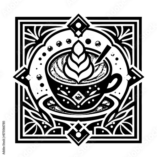 Matcha Latte in decorative emblem ornament, Victorian, art deco, art nouveau, boho, bohemian,  folk, flourish