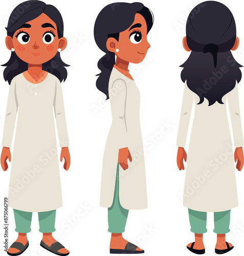 Front, Side, And Back View Of Cartoon Character In Traditional Clothing
