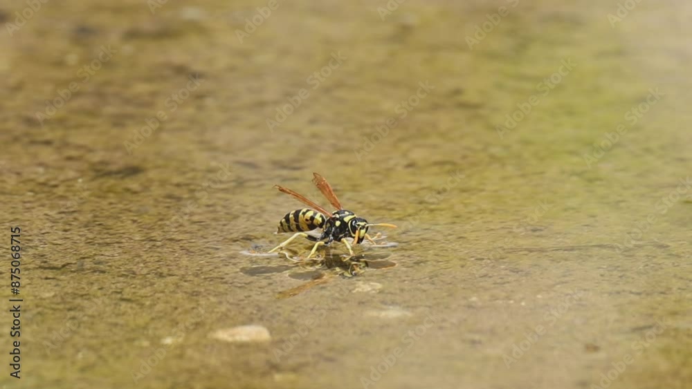 Avispa flotando en el agua mientras bebe y sale volando, Alcoy, España