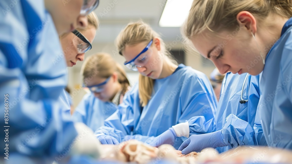 A dedicated group of medical students practicing surgical techniques in a laboratory environment. A dedicated group of medical students practicing surgical techniques in a laboratory environment.