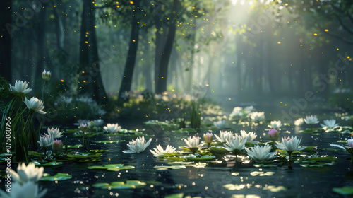 Serene forest with floating flowers 3D render © Sergei