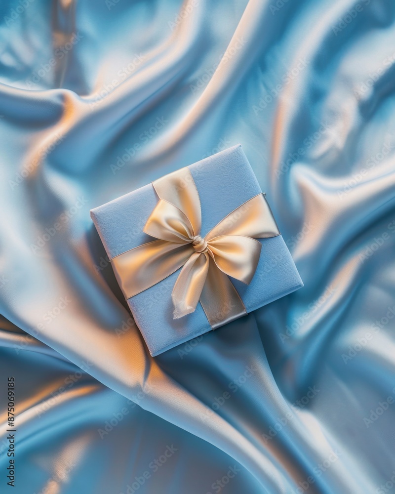 A beautiful blue gift box with a golden bow sits on a soft, flowing blue silk fabric, creating a visually appealing and elegant image. A beautiful blue gift box with a golden bow sits on a soft, flowing blue silk fabric, creating a visually appealing and elegant image.