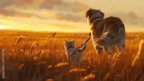 Dog and Cat Walking Through Vibrant Van Gogh Inspired Countryside Landscape