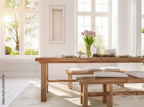 diseño interior. comedor luminoso blanco con mesa rustica 