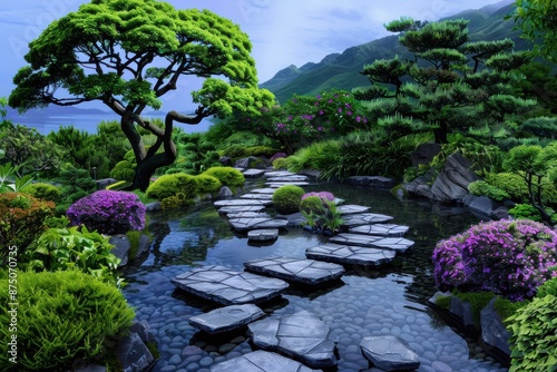 Elegant Japanese Landscape, Lush greenery with stone path, Nature and Serenity.